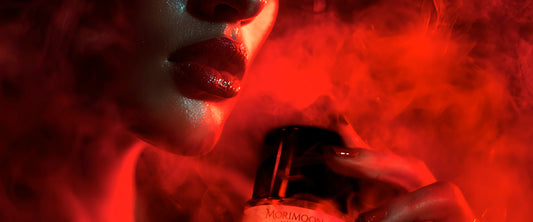 Velvet Ember perfume with red saffron glow, capturing subtle seduction and allure.