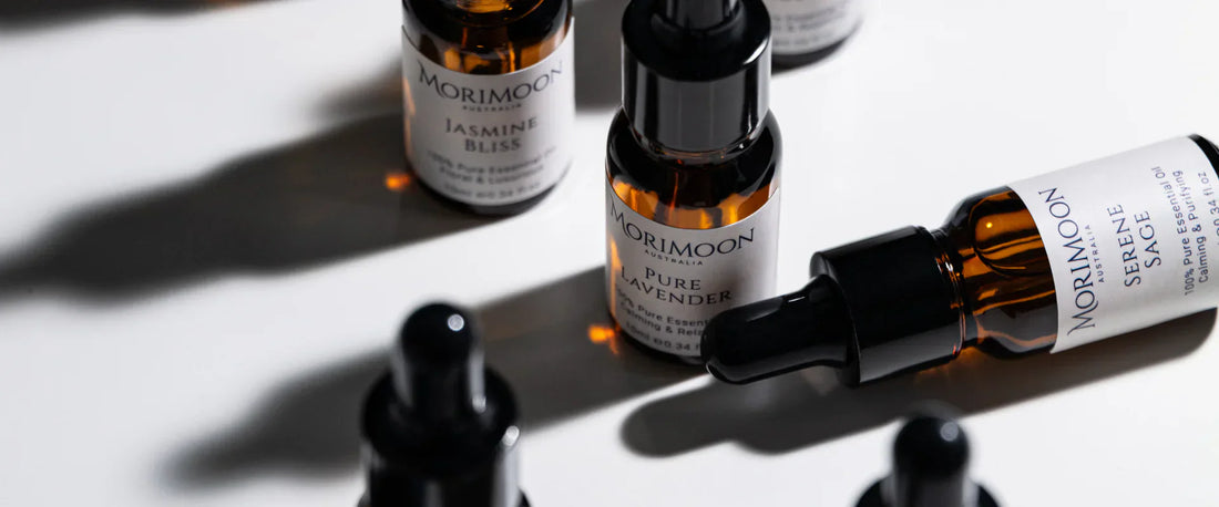 Morimoon’s top 5 essential oils in Australia – lavender, eucalyptus, rose, jasmine, and sage, showcasing natural wellness and aromatherapy benefits.