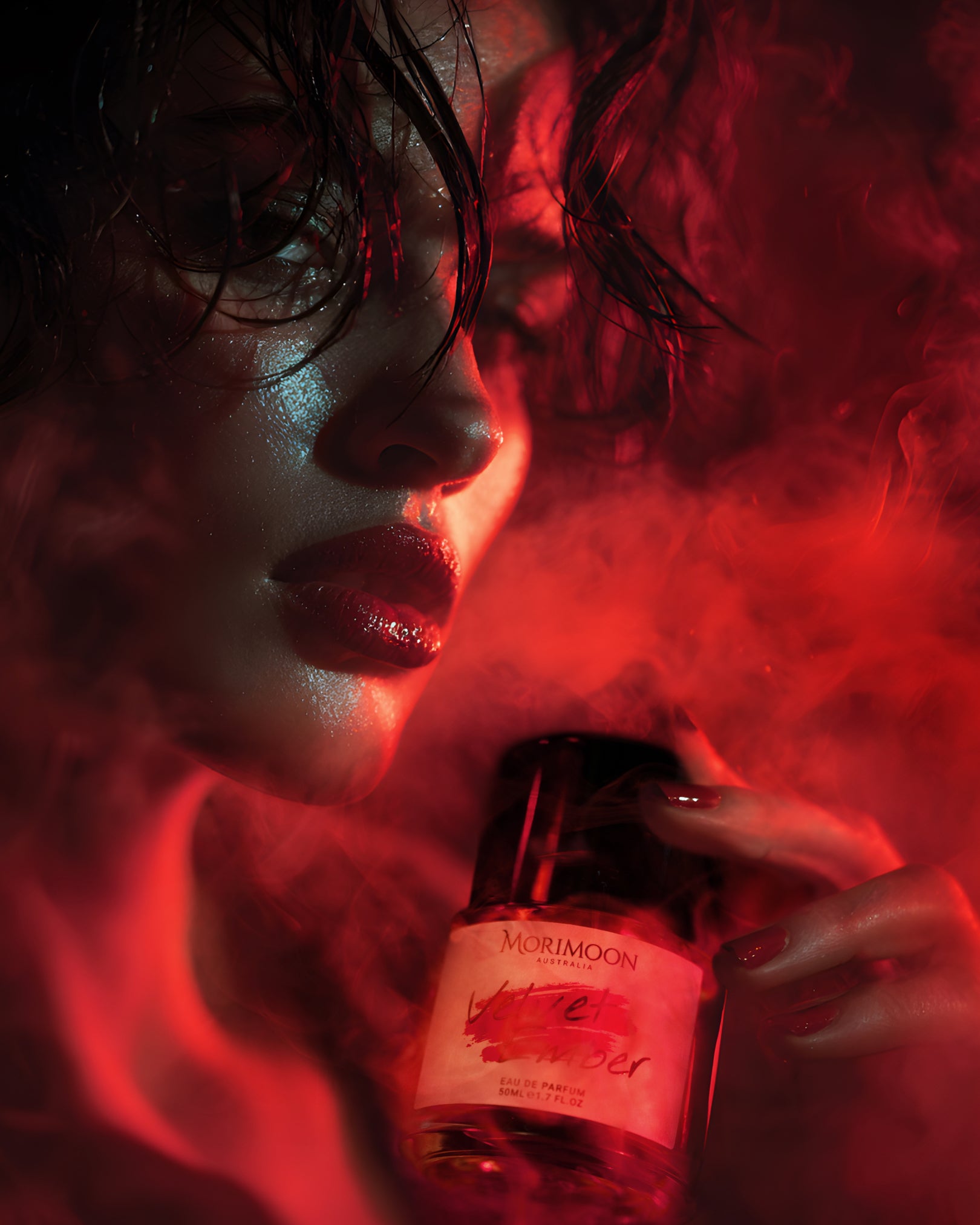 Velvet Ember fragrance photo with fiery red smoke background symbolising saffron and amber notes