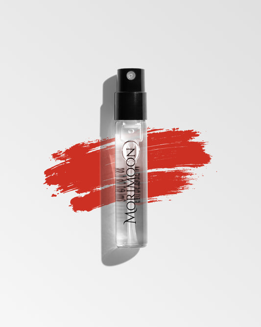 Velvet Ember 2ml sample perfume vial with deep red saffron-inspired design by Morimoon