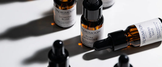 Morimoon’s top 5 essential oils in Australia – lavender, eucalyptus, rose, jasmine, and sage, showcasing natural wellness and aromatherapy benefits.