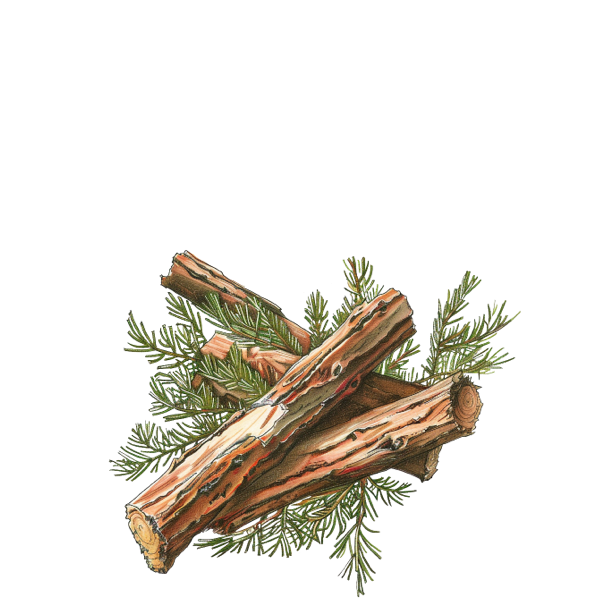 Cedarwood branch sketch representing woody heart note in Aqua Dusk