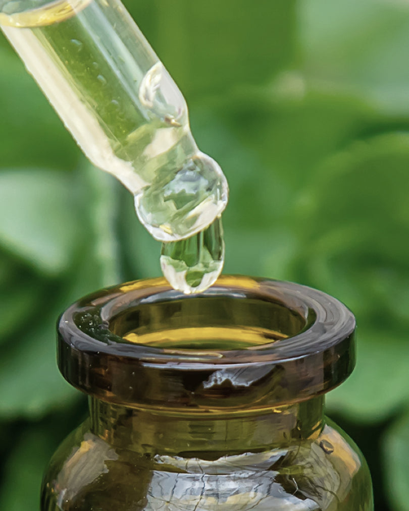 Dropper dripping Morimoon Serene Sage Essential Oil into amber bottle with fresh sage leaves in background